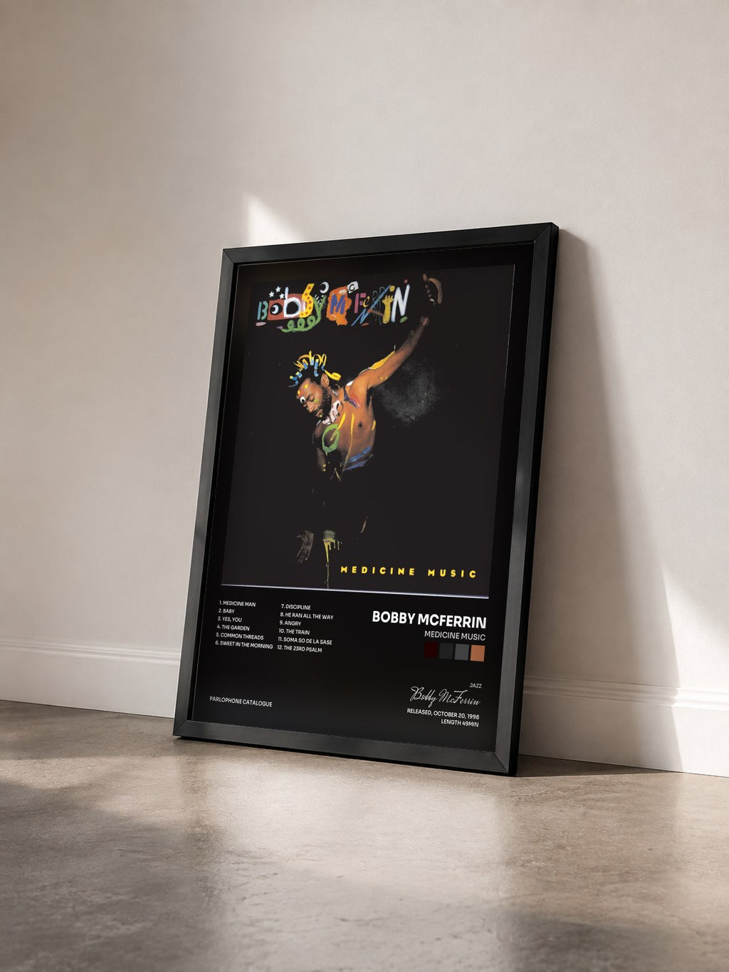 #noir Tableau de l'album Medicine Music de Bobby McFerrin vu de trois quarts, cadre noir