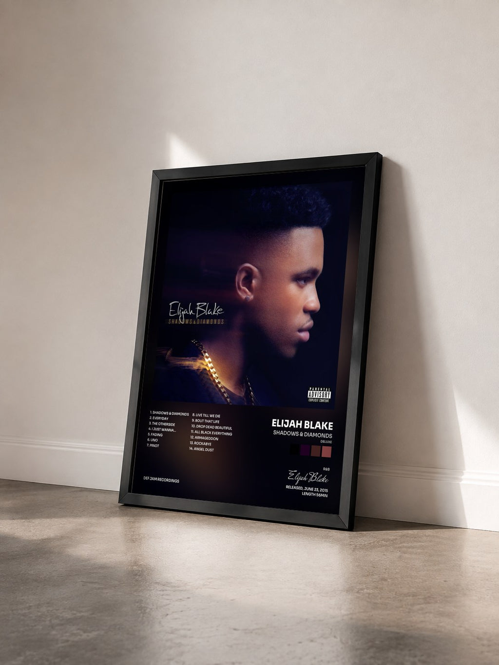 #noir Tableau de l'album Shadows & Diamonds (Deluxe) de Elijah Blake vu de trois quarts, cadre noir