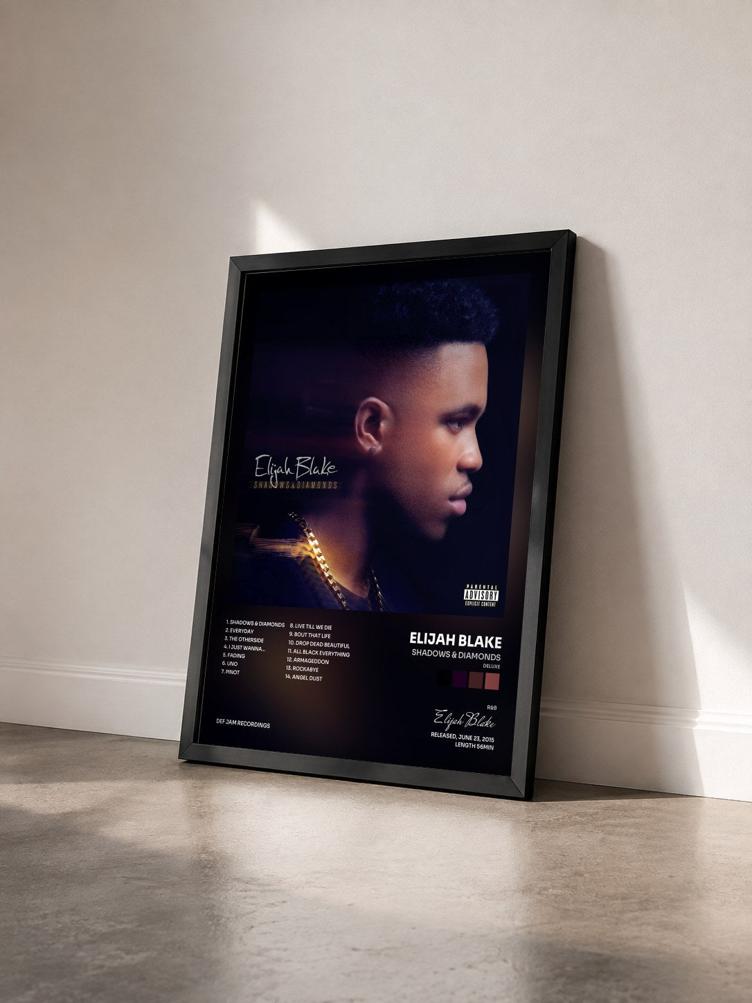#noir Tableau de l'album Shadows & Diamonds (Deluxe) de Elijah Blake vu de trois quarts, cadre noir