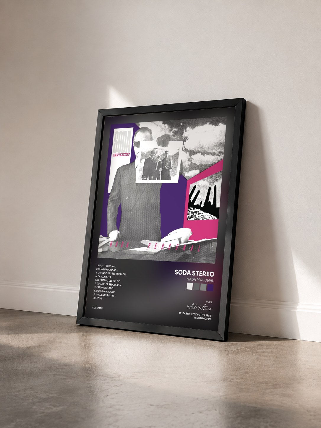 #noir Tableau de l'album Nada Personal de Soda Stereo vu de trois quarts, cadre noir