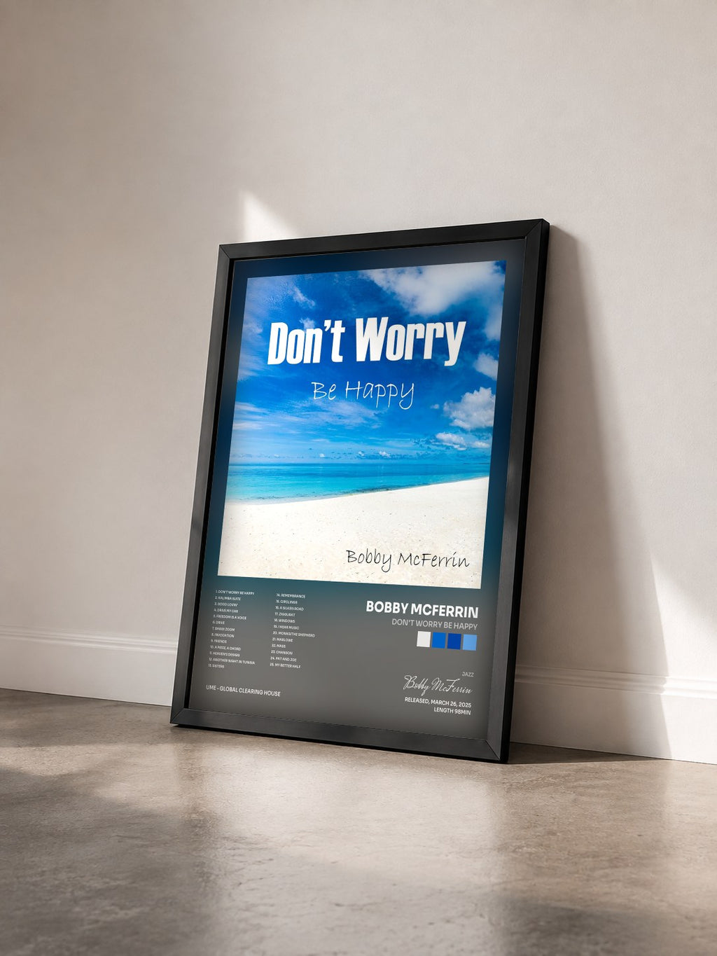 #noir Tableau de l'album Don't Worry Be Happy de Bobby McFerrin vu de trois quarts, cadre noir