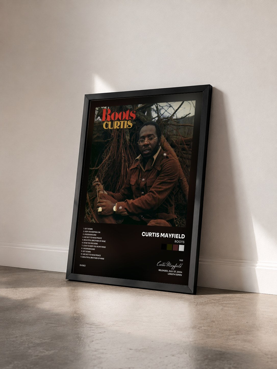#noir Tableau de l'album Roots de Curtis Mayfield vu de trois quarts, cadre noir
