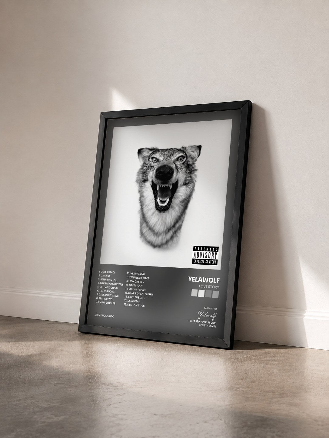 #noir Tableau de l'album Love Story de Yelawolf vu de trois quarts, cadre noir