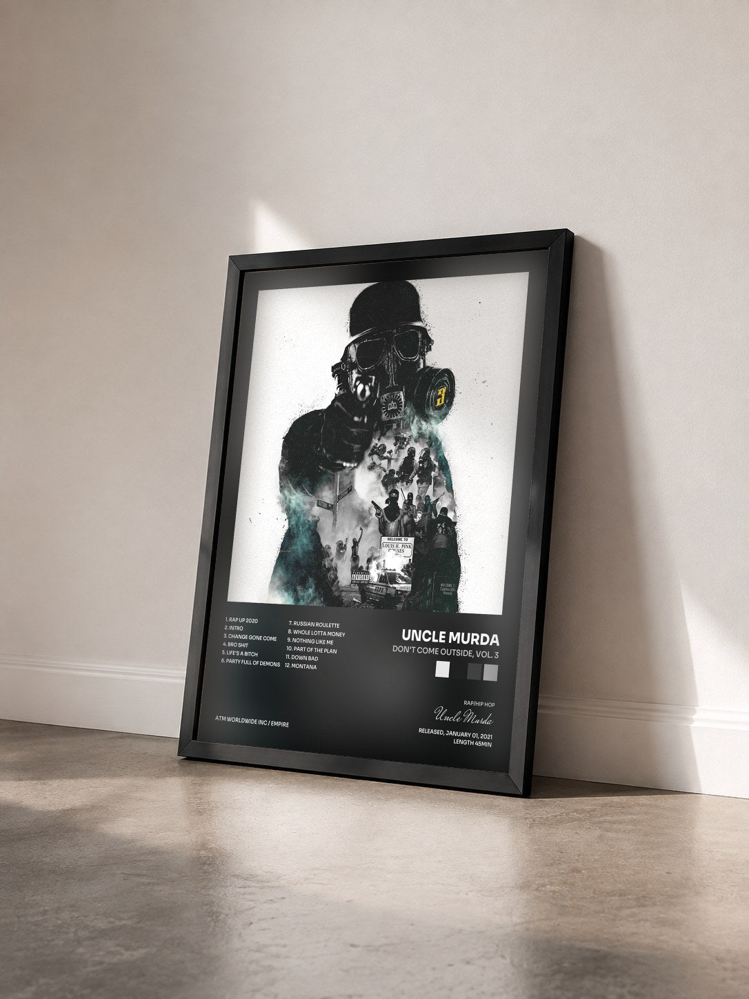 #noir Tableau de l'album Don't Come Outside, Vol. 3 de Uncle Murda vu de trois quarts, cadre noir