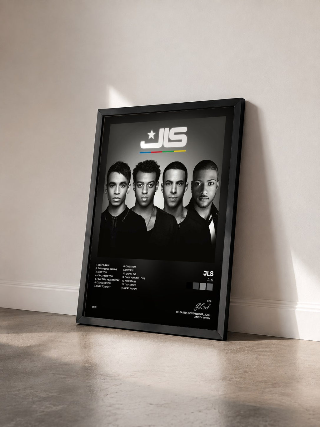 #noir Tableau de l'album JLS de JLS vu de trois quarts, cadre noir