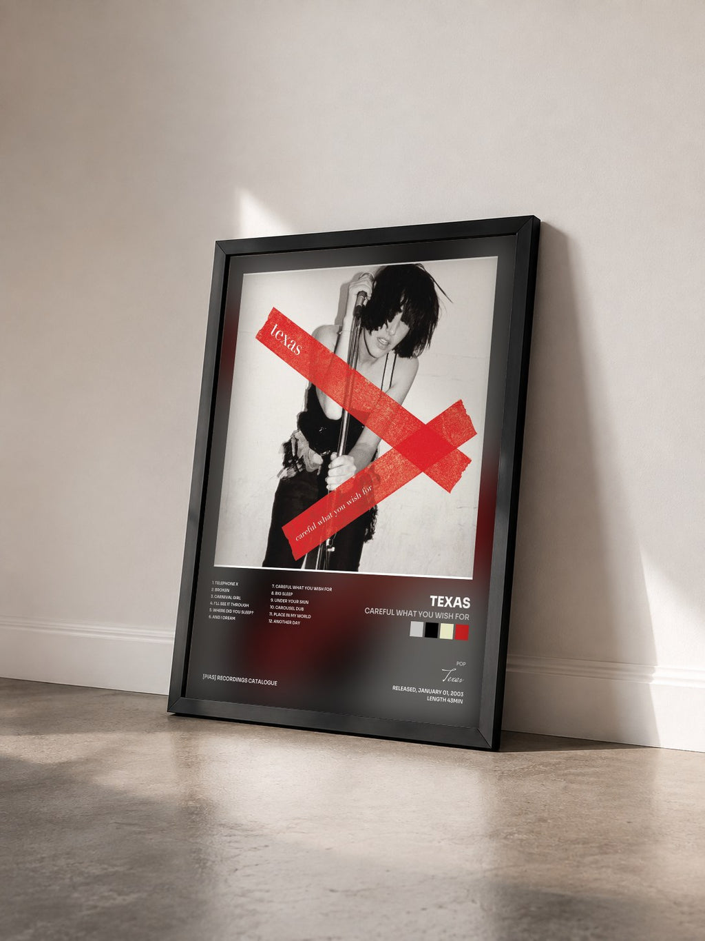 #noir Tableau de l'album Careful What You Wish For de Texas vu de trois quarts, cadre noir