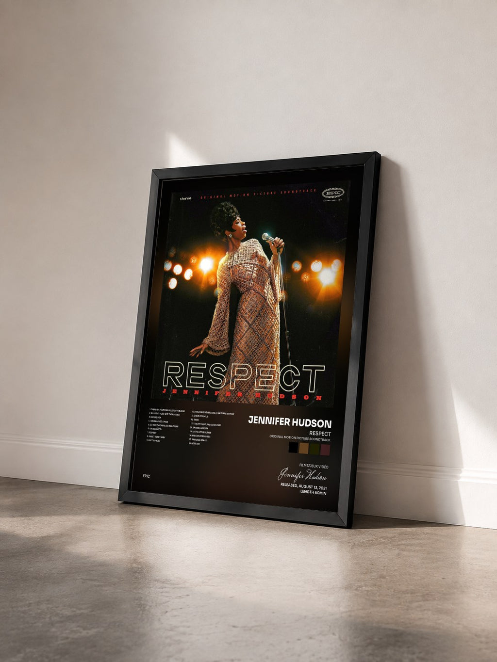 #noir Tableau de l'album RESPECT (Original Motion Picture Soundtrack) de Jennifer Hudson vu de trois quarts, cadre noir
