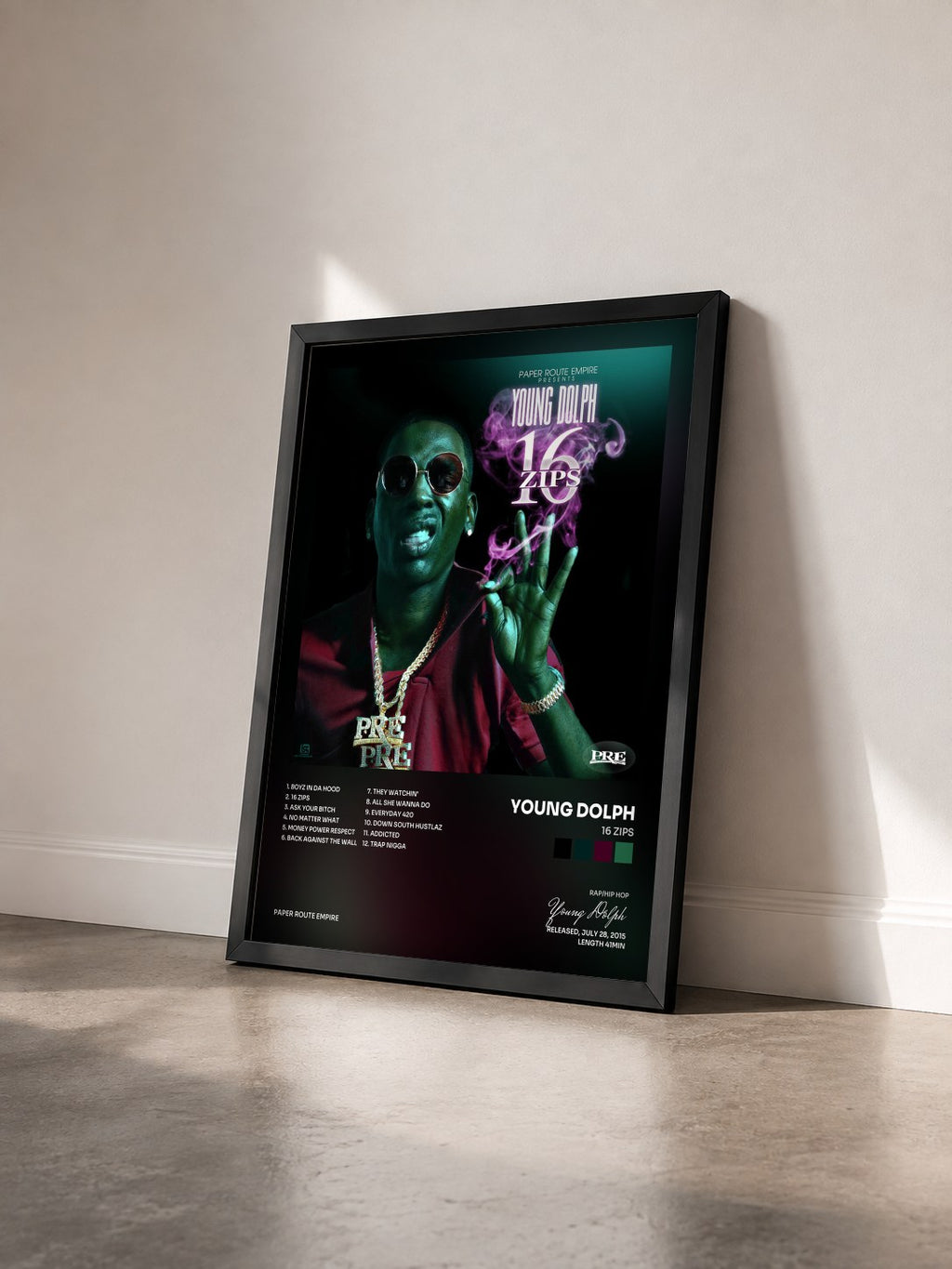 #noir Tableau de l'album 16 Zips de Young Dolph vu de trois quarts, cadre noir