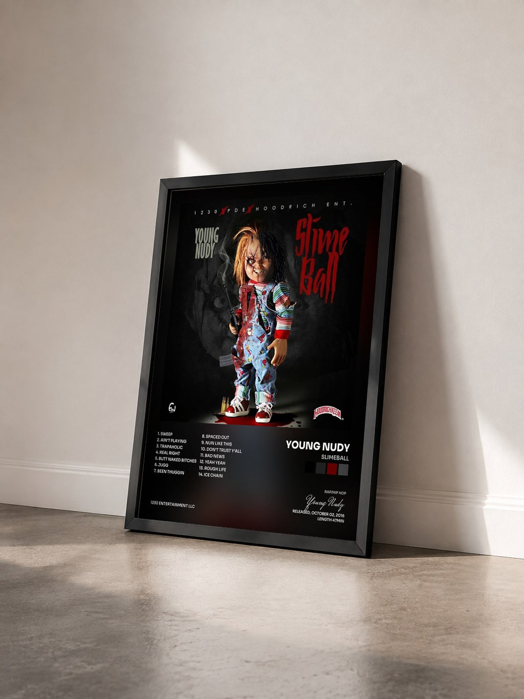 #noir Tableau de l'album Slimeball de Young Nudy vu de trois quarts, cadre noir
