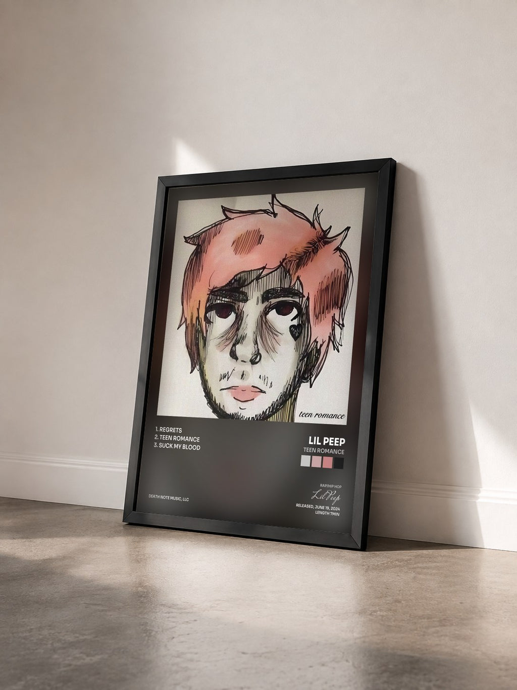 #noir Tableau de l'album teen romance de Lil Peep vu de trois quarts, cadre noir