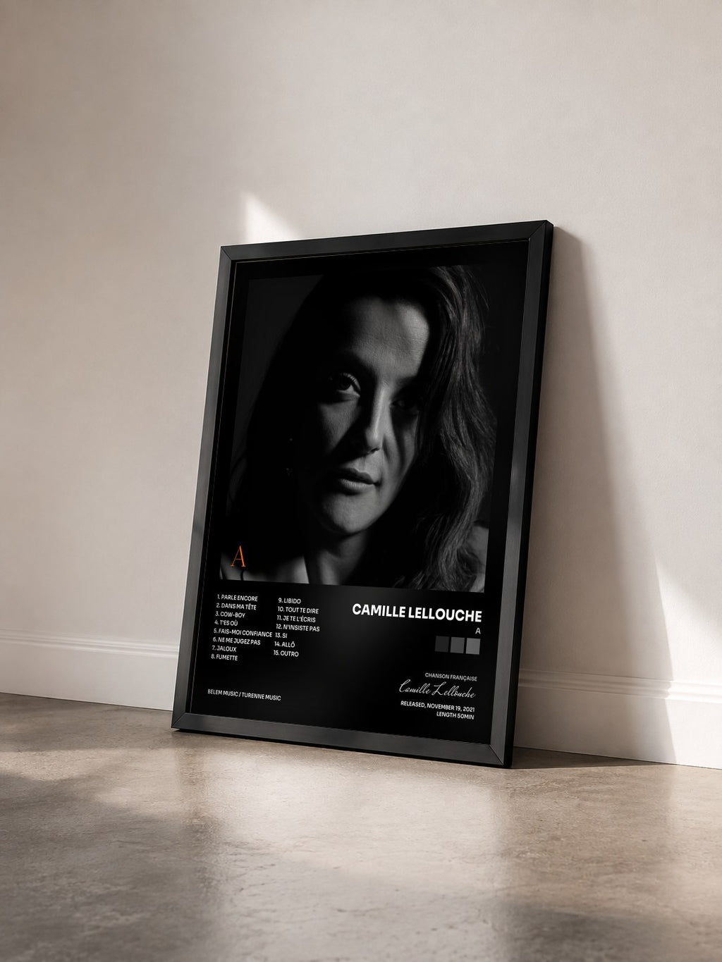 #noir Tableau de l'album A de Camille Lellouche vu de trois quarts, cadre noir