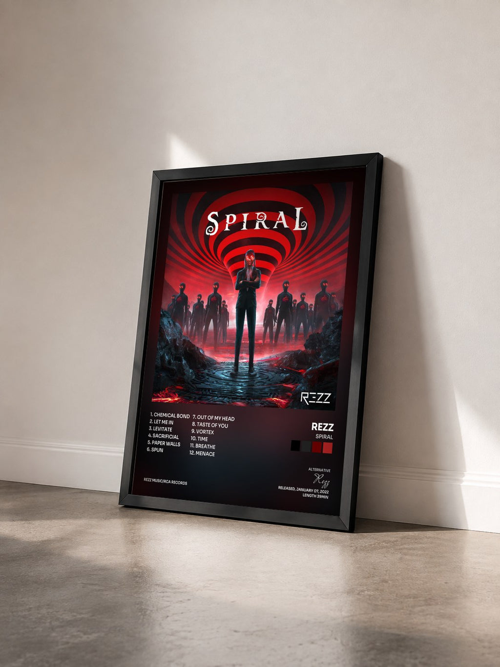 #noir Tableau de l'album Spiral de Rezz vu de trois quarts, cadre noir
