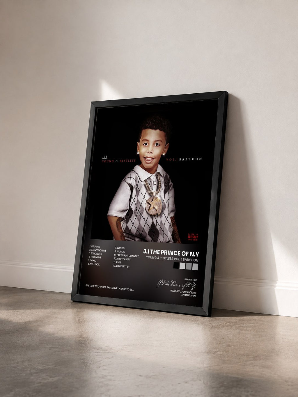 #noir Tableau de l'album Young & Restless Vol. 1 Baby Don de J.I the Prince of N.Y vu de trois quarts, cadre noir