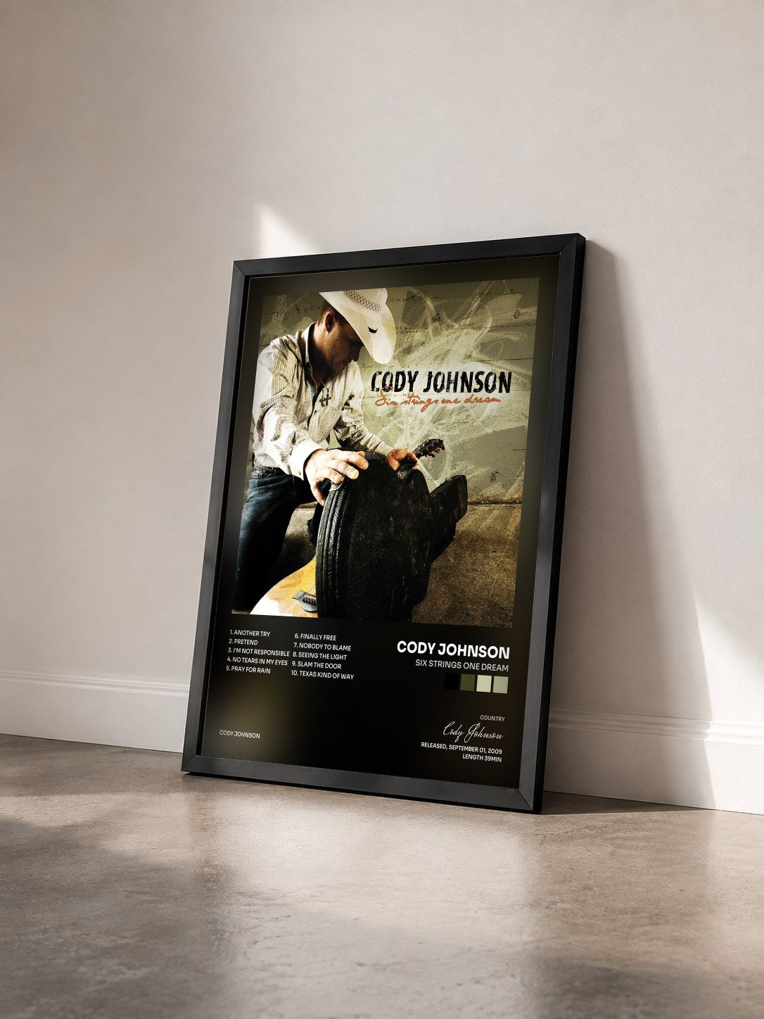 #noir Tableau de l'album Six Strings One Dream de Cody Johnson vu de trois quarts, cadre noir