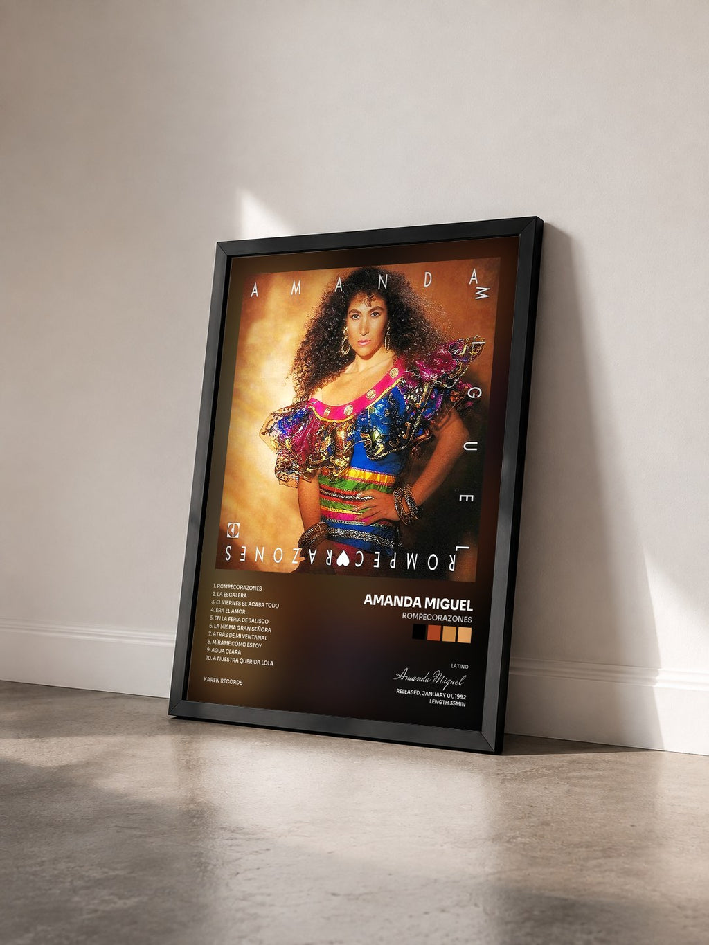 #noir Tableau de l'album Rompecorazones de Amanda Miguel vu de trois quarts, cadre noir