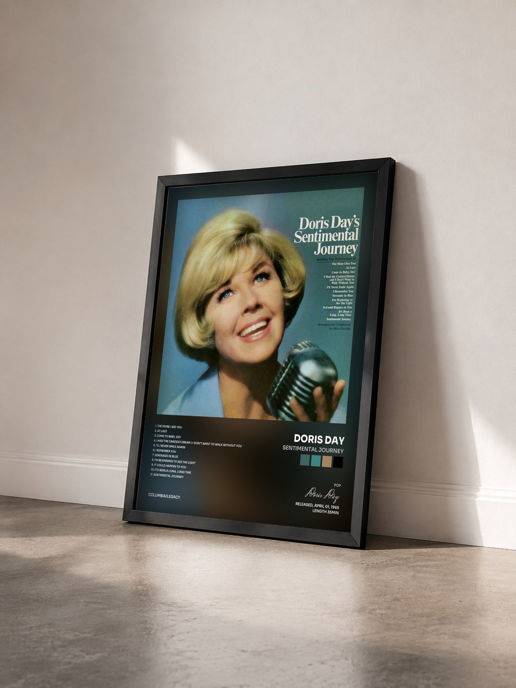 #noir Tableau de l'album Sentimental Journey de Doris Day vu de trois quarts, cadre noir