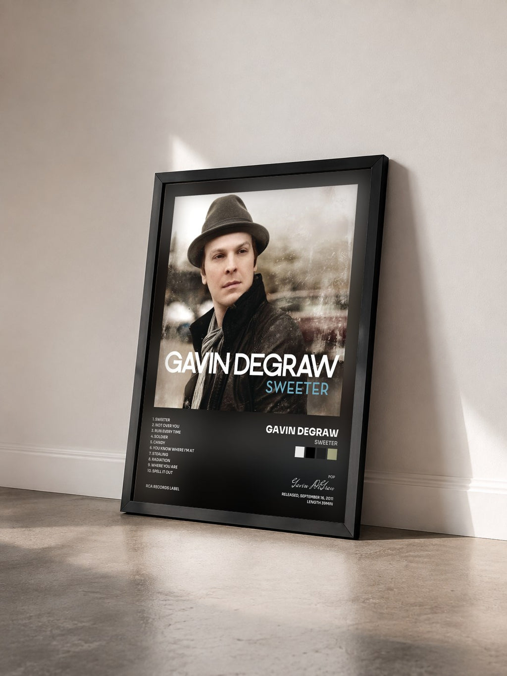#noir Tableau de l'album Sweeter de Gavin DeGraw vu de trois quarts, cadre noir
