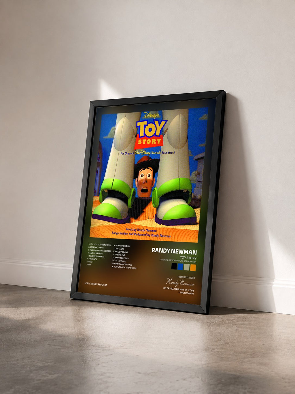 #noir Tableau de l'album Toy Story (Original Motion Picture Soundtrack) de Randy Newman vu de trois quarts, cadre noir