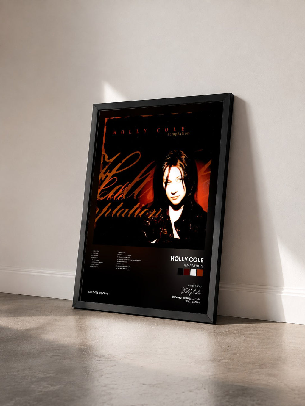 #noir Tableau de l'album Temptation de Holly Cole vu de trois quarts, cadre noir