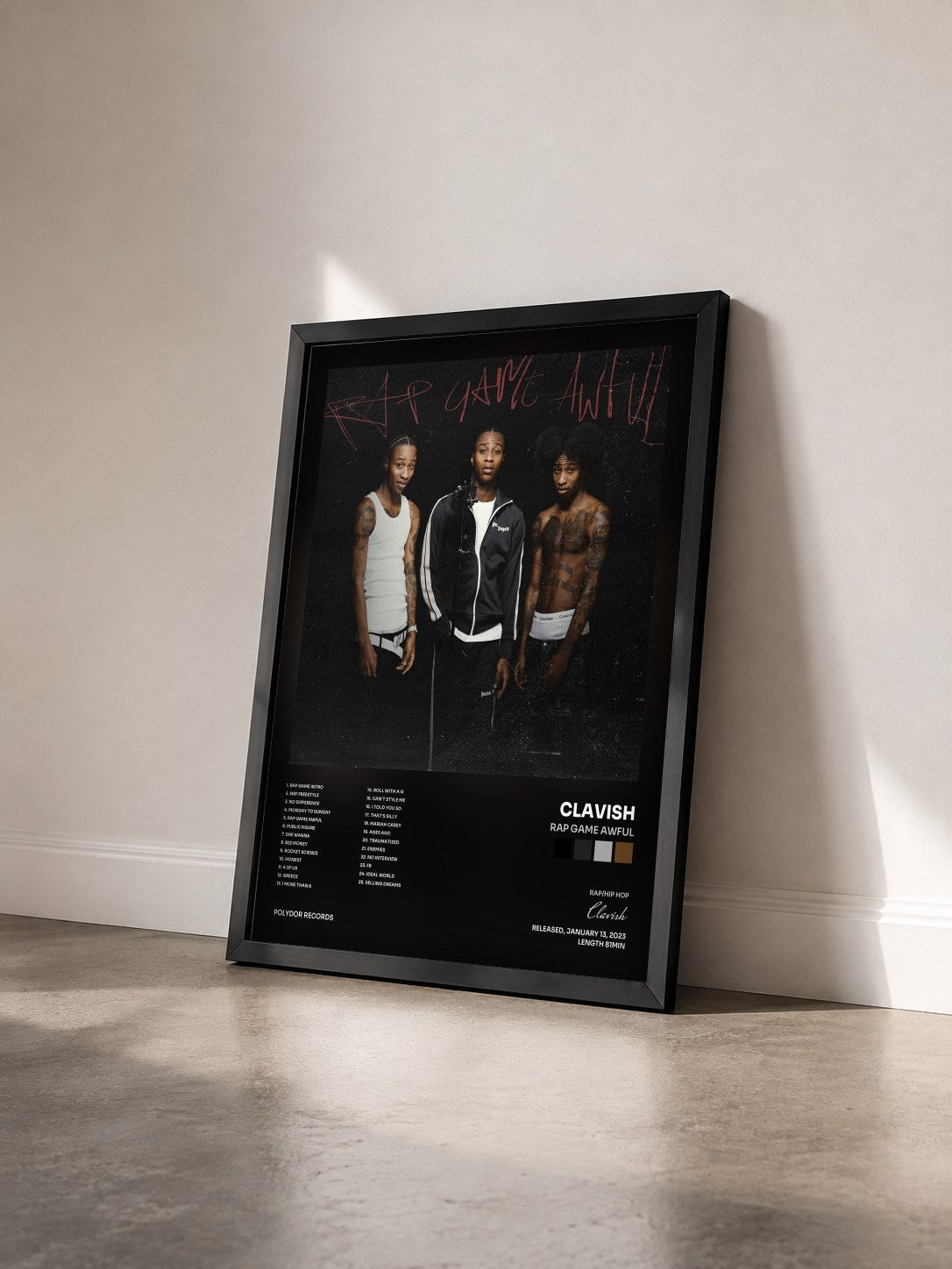 #noir Tableau de l'album Rap Game Awful de Clavish vu de trois quarts, cadre noir
