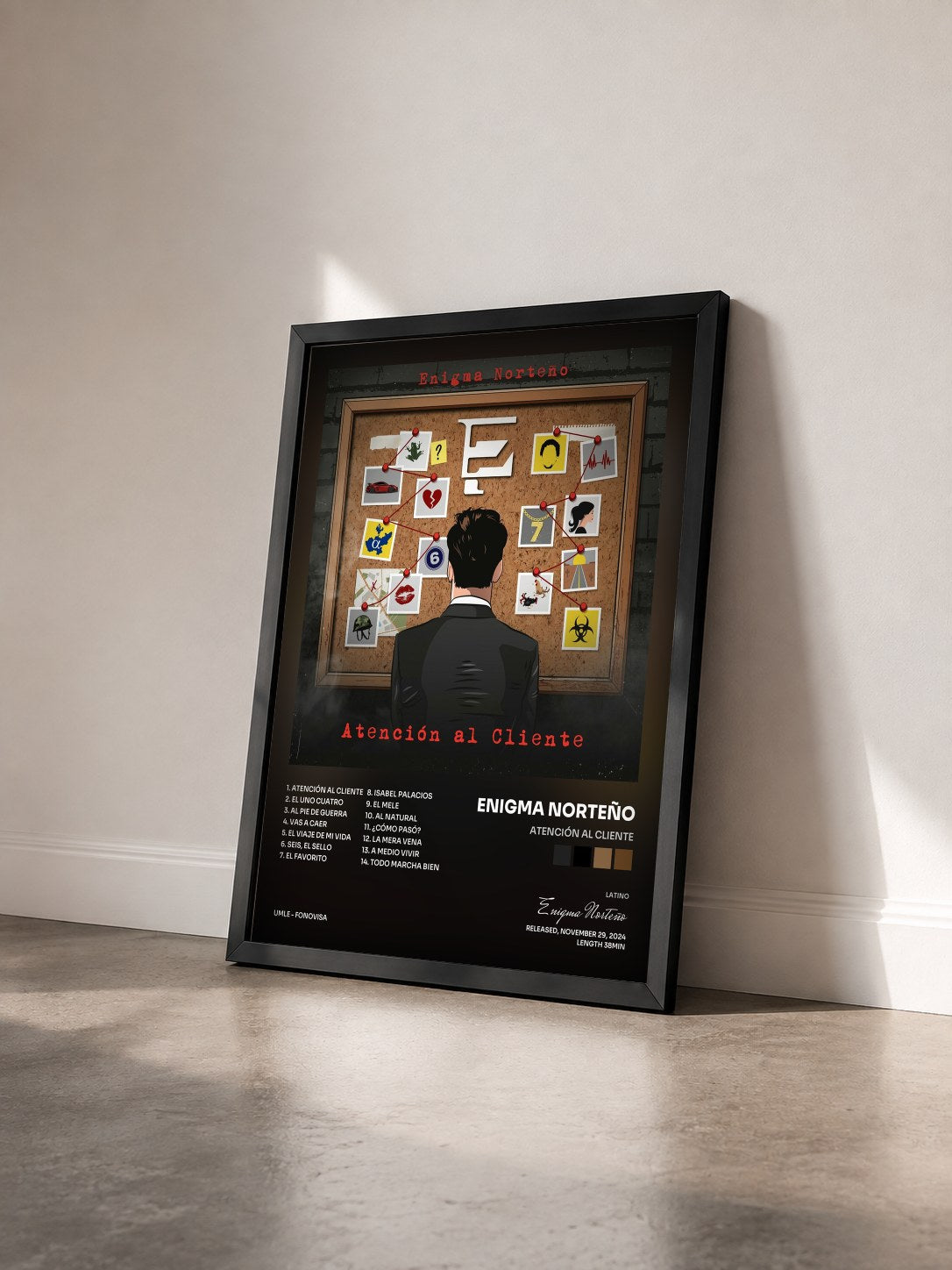 #noir Tableau de l'album Atención Al Cliente de Enigma Norteño vu de trois quarts, cadre noir