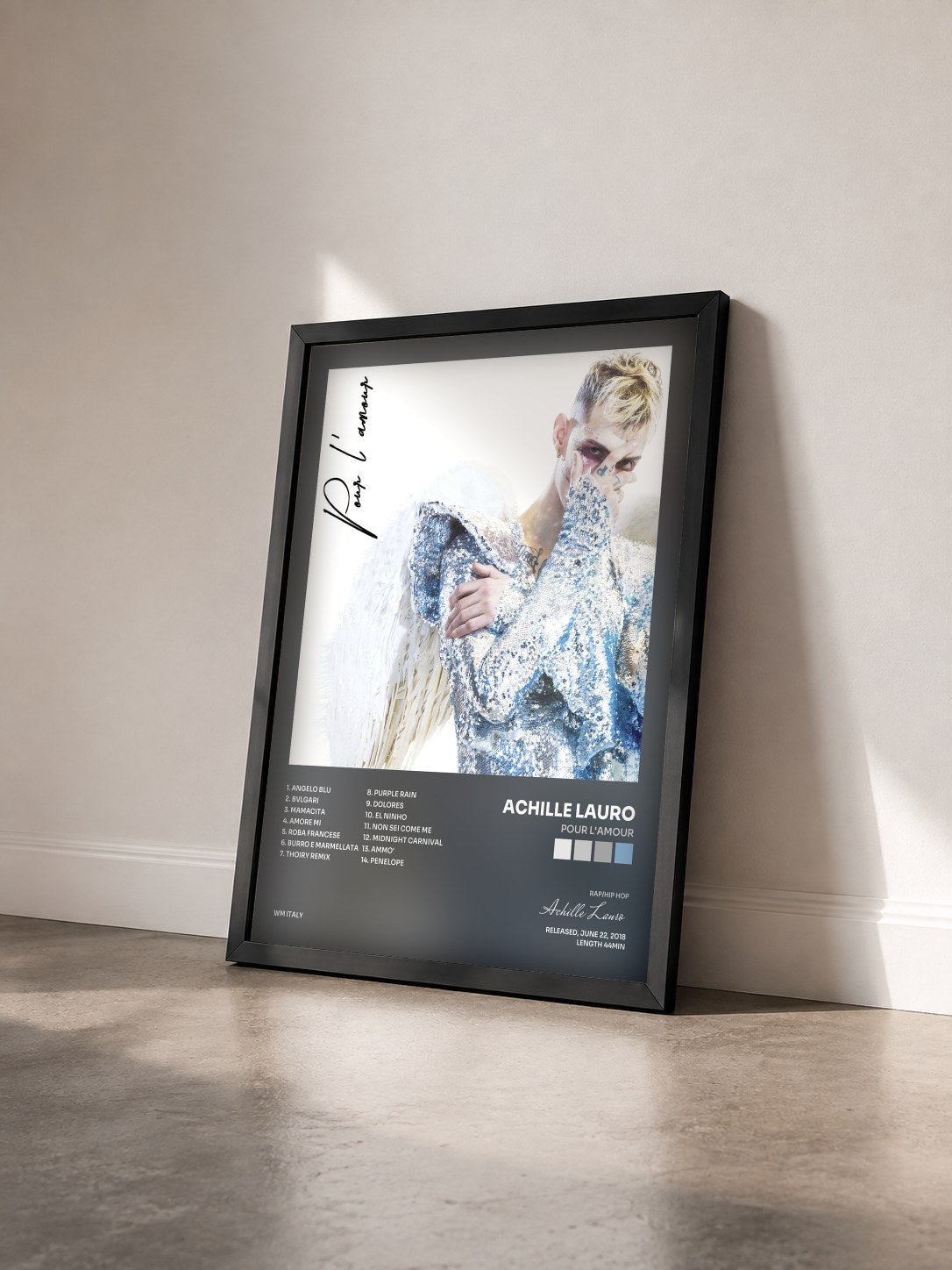 #noir Tableau de l'album Pour l'amour de Achille Lauro vu de trois quarts, cadre noir