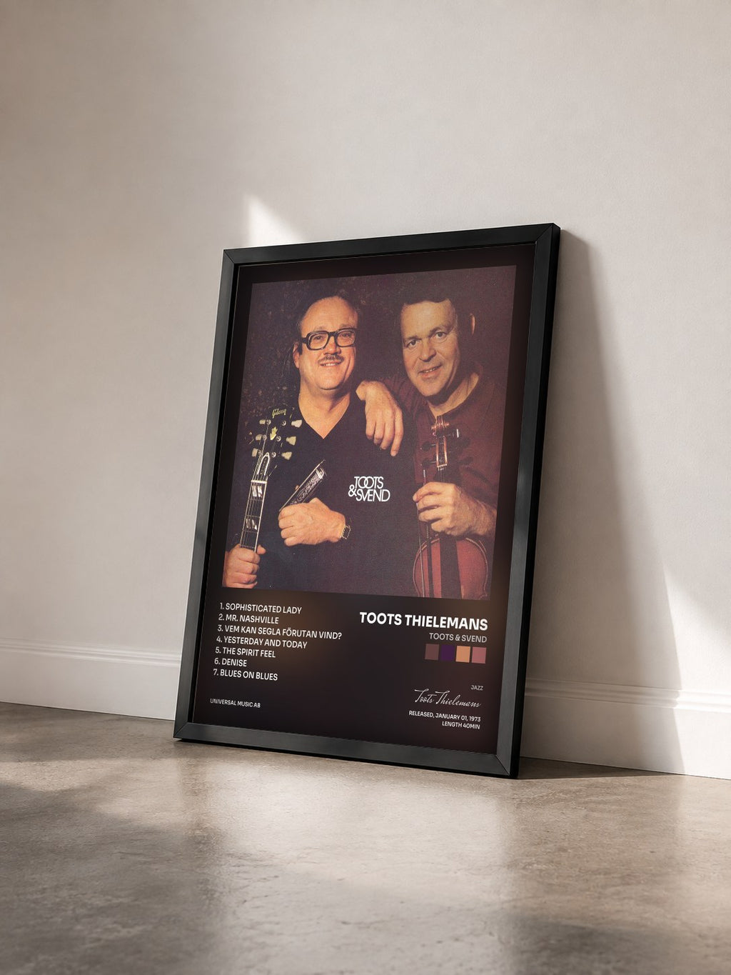 #noir Tableau de l'album Toots & Svend de Toots Thielemans vu de trois quarts, cadre noir