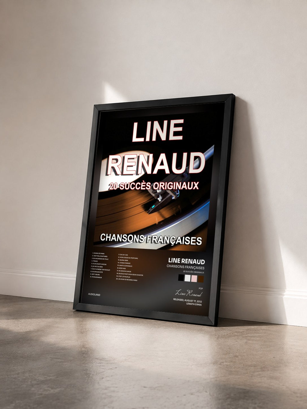 #noir Tableau de l'album Chansons françaises (20 succès originaux) de Line Renaud vu de trois quarts, cadre noir
