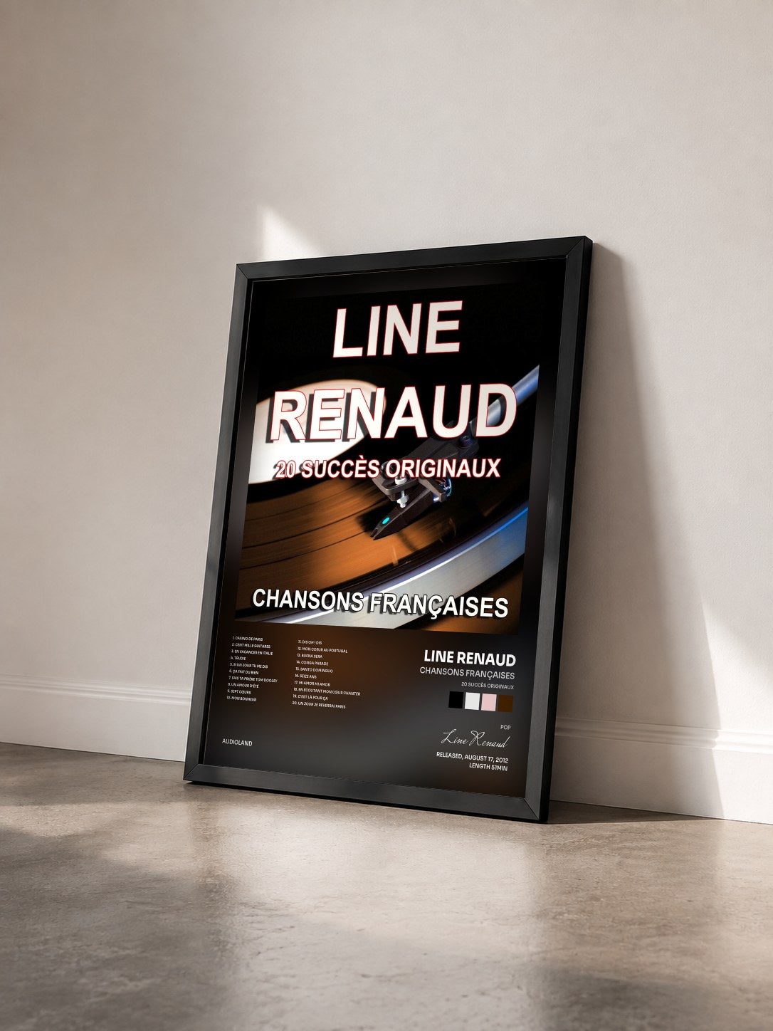 #noir Tableau de l'album Chansons françaises (20 succès originaux) de Line Renaud vu de trois quarts, cadre noir