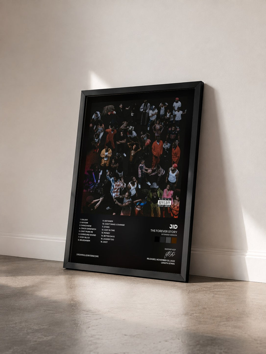 #noir Tableau de l'album The Forever Story (Extended Version) de JID vu de trois quarts, cadre noir