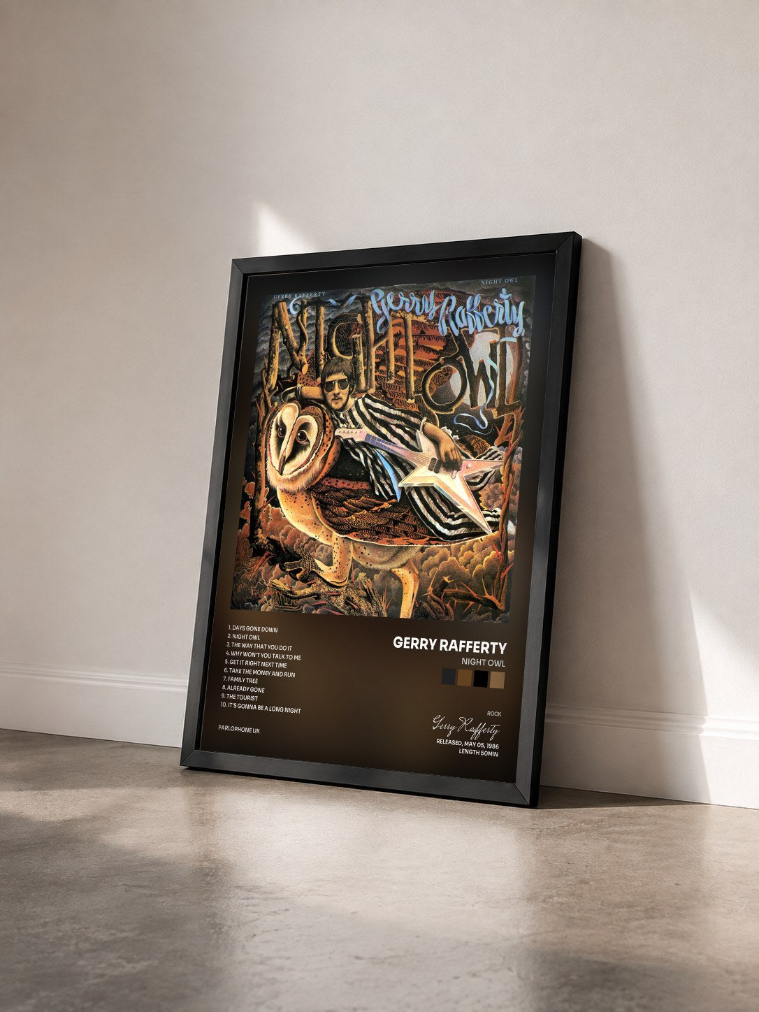 #noir Tableau de l'album Night Owl de Gerry Rafferty vu de trois quarts, cadre noir