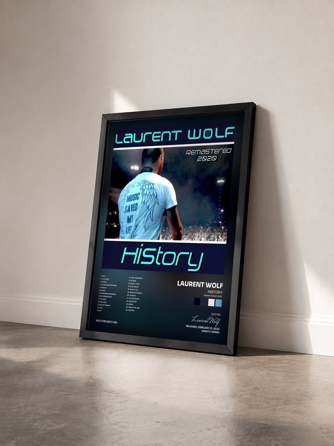 #noir Tableau de l'album History (Remastered 2020) de Laurent Wolf vu de trois quarts, cadre noir