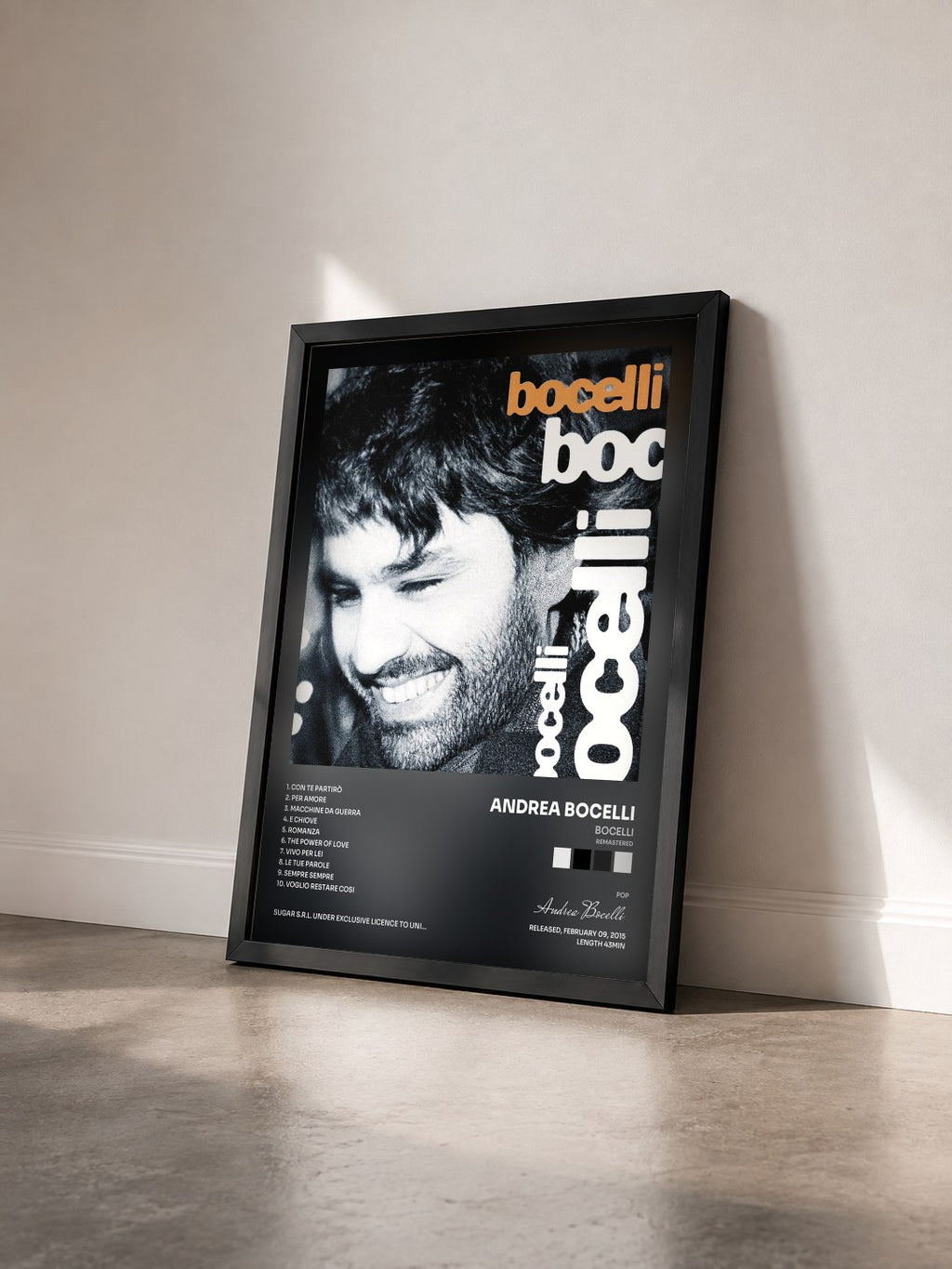 #noir Tableau de l'album Bocelli (Remastered) de Andrea Bocelli vu de trois quarts, cadre noir