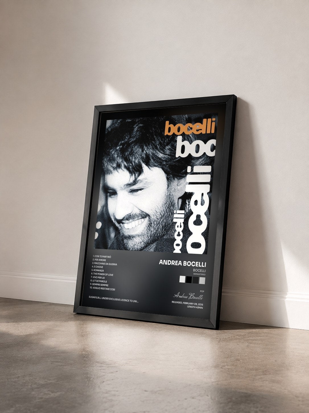 #noir Tableau de l'album Bocelli (Remastered) de Andrea Bocelli vu de trois quarts, cadre noir