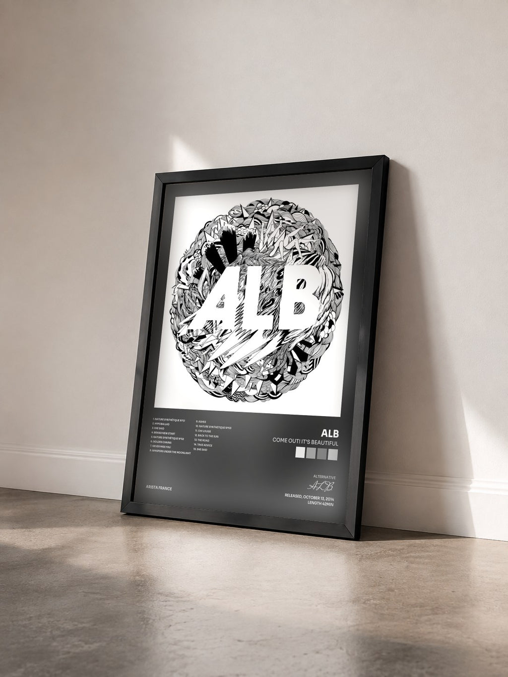 #noir Tableau de l'album Come Out! It's Beautiful de ALB vu de trois quarts, cadre noir