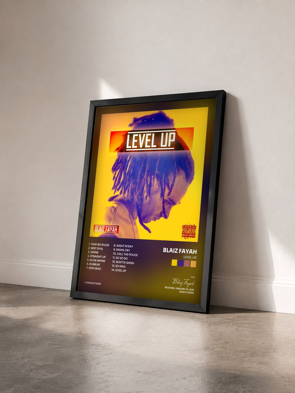 #noir Tableau de l'album Level Up de Blaiz Fayah vu de trois quarts, cadre noir