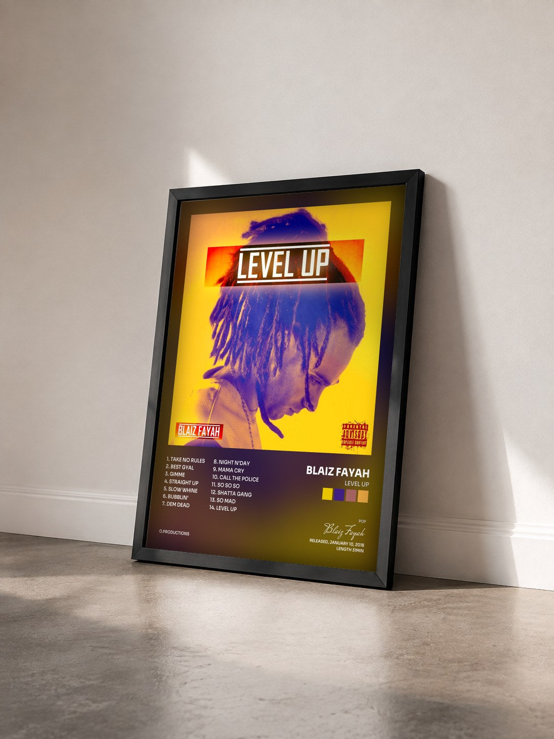 #noir Tableau de l'album Level Up de Blaiz Fayah vu de trois quarts, cadre noir