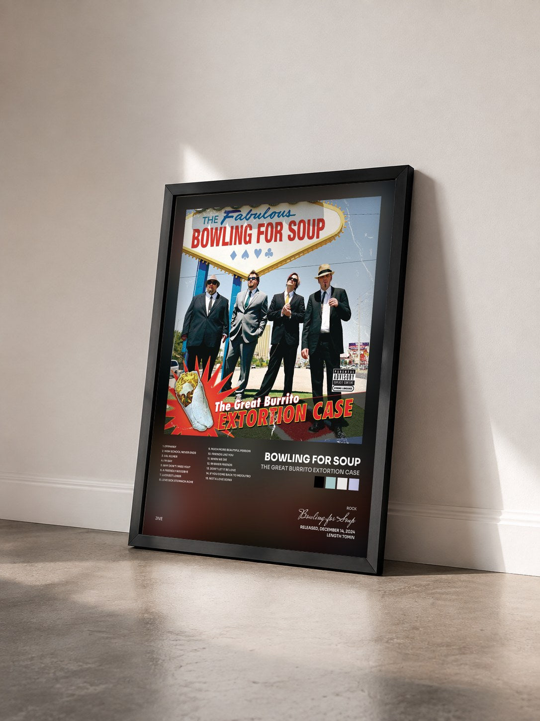 #noir Tableau de l'album The Great Burrito Extortion Case de Bowling for Soup vu de trois quarts, cadre noir