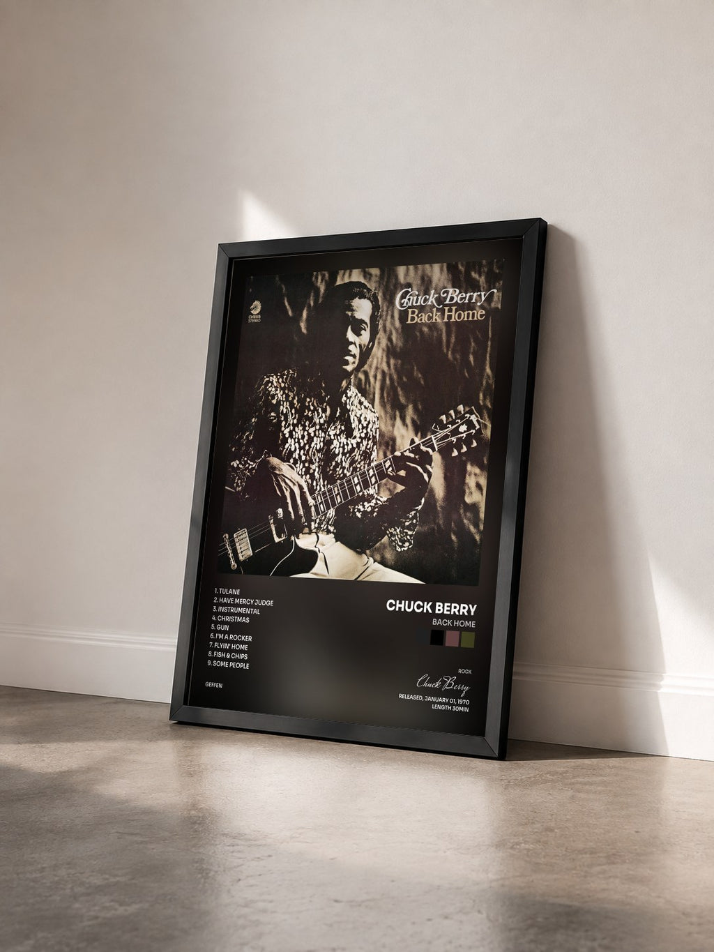 #noir Tableau de l'album Back Home de Chuck Berry vu de trois quarts, cadre noir