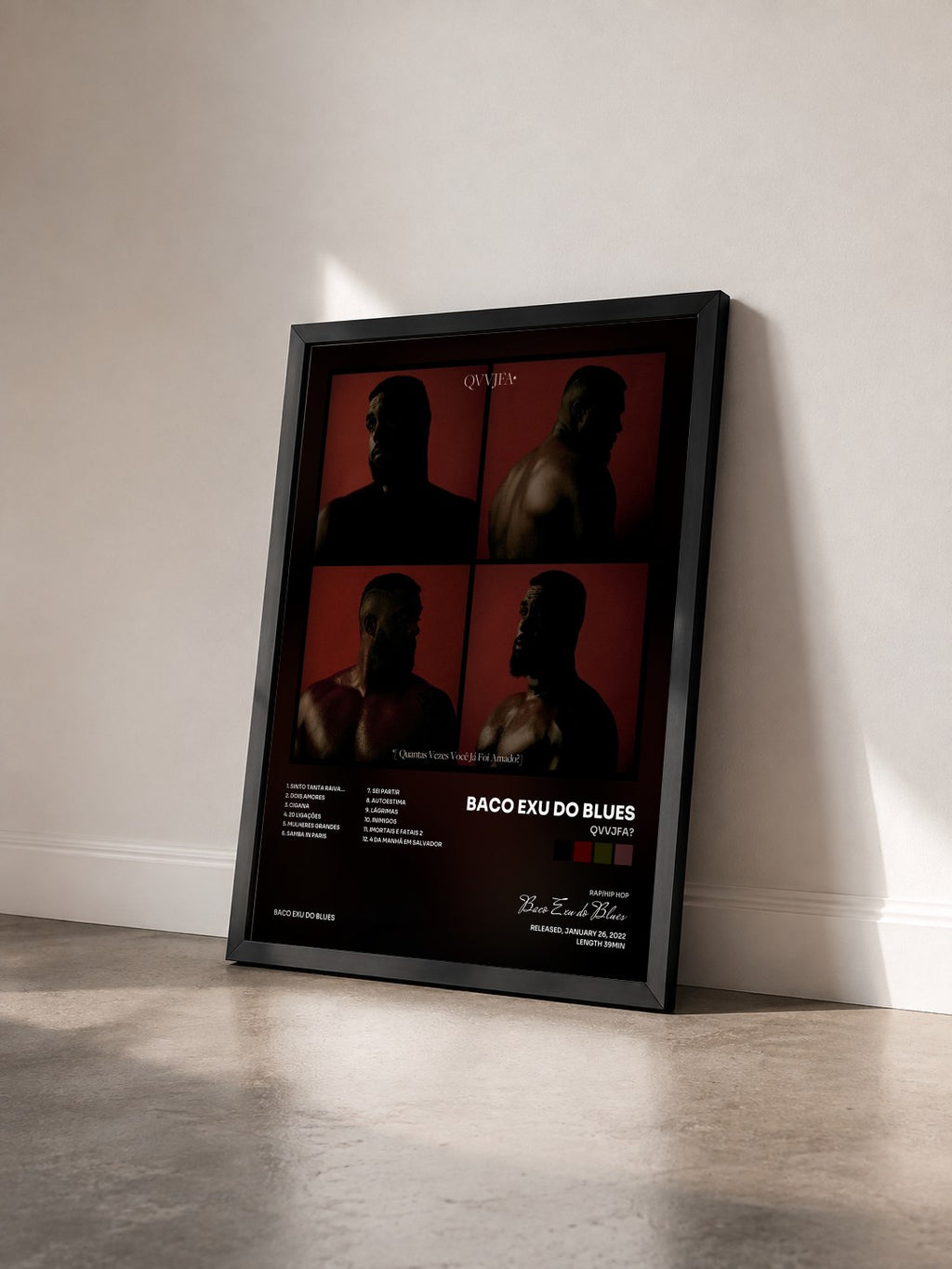 #noir Tableau de l'album QVVJFA? de Baco Exu do Blues vu de trois quarts, cadre noir