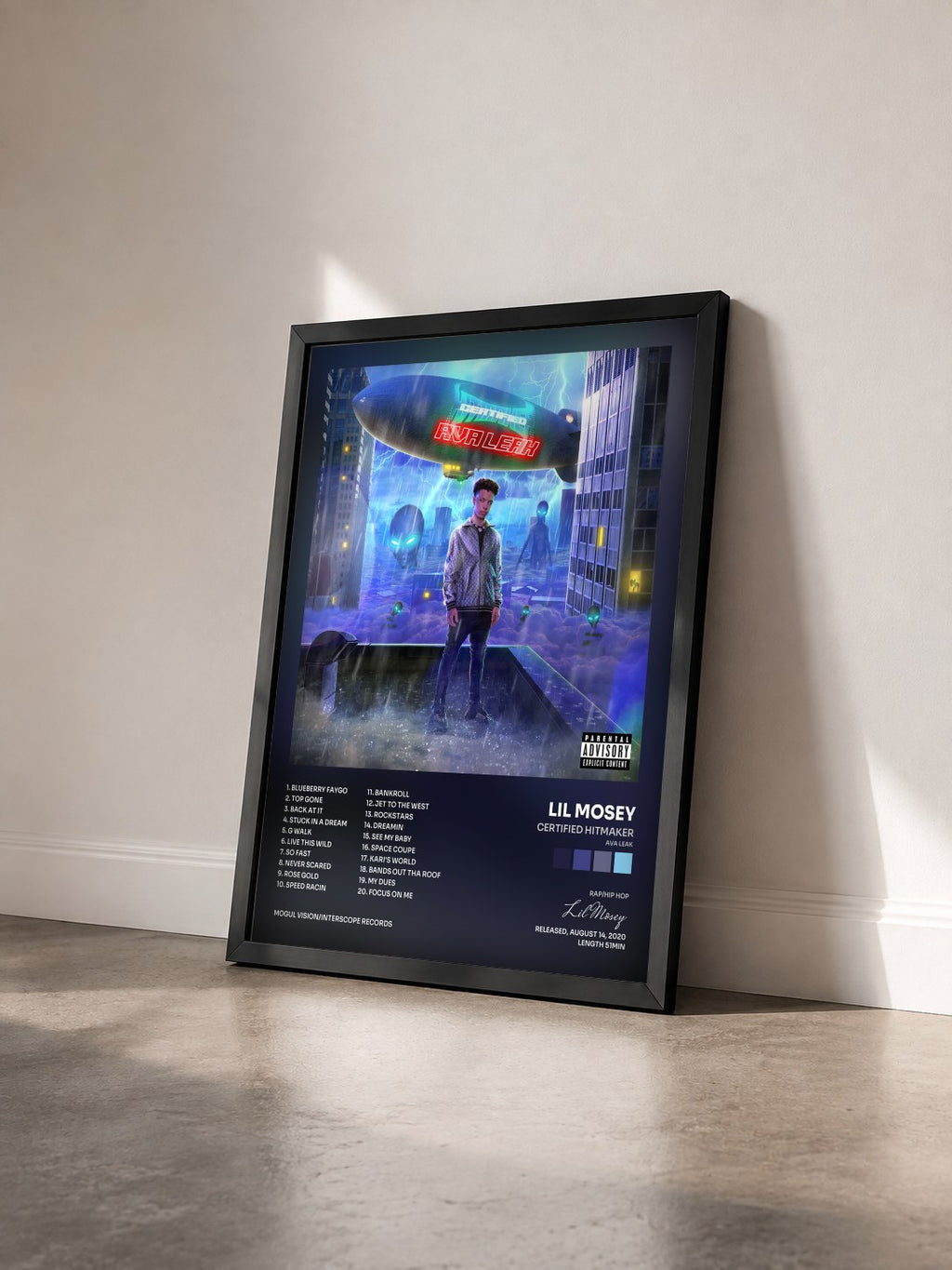 #noir Tableau de l'album Certified Hitmaker (AVA Leak) de Lil Mosey vu de trois quarts, cadre noir