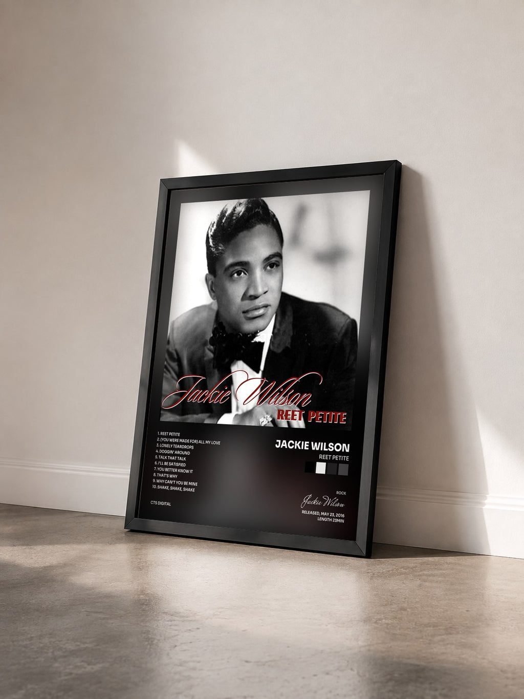 #noir Tableau de l'album Reet Petite de Jackie Wilson vu de trois quarts, cadre noir