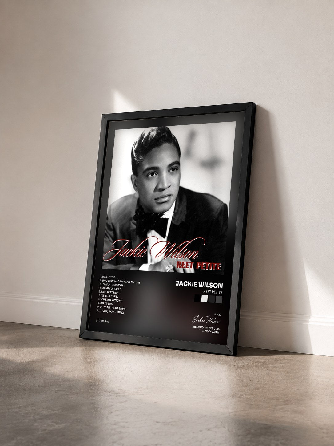 #noir Tableau de l'album Reet Petite de Jackie Wilson vu de trois quarts, cadre noir