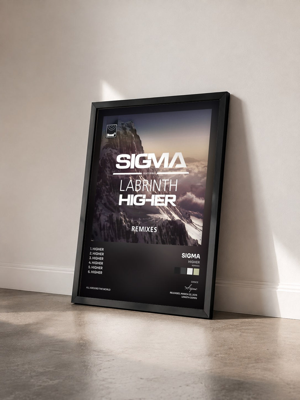 #noir Tableau de l'album Higher (Remixes) de Sigma vu de trois quarts, cadre noir