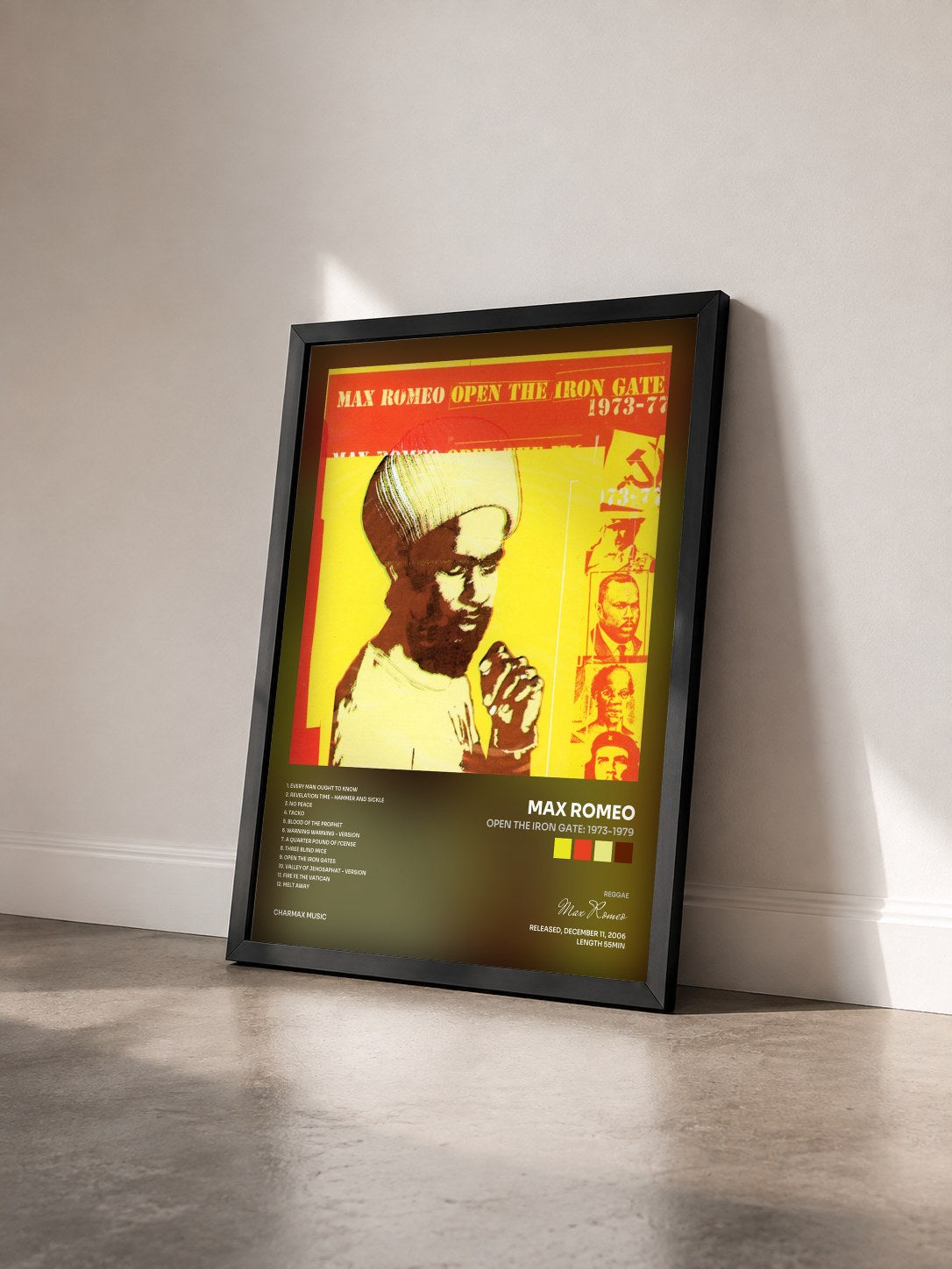 #noir Tableau de l'album Open the Iron Gate: 1973-1979 de Max Romeo vu de trois quarts, cadre noir