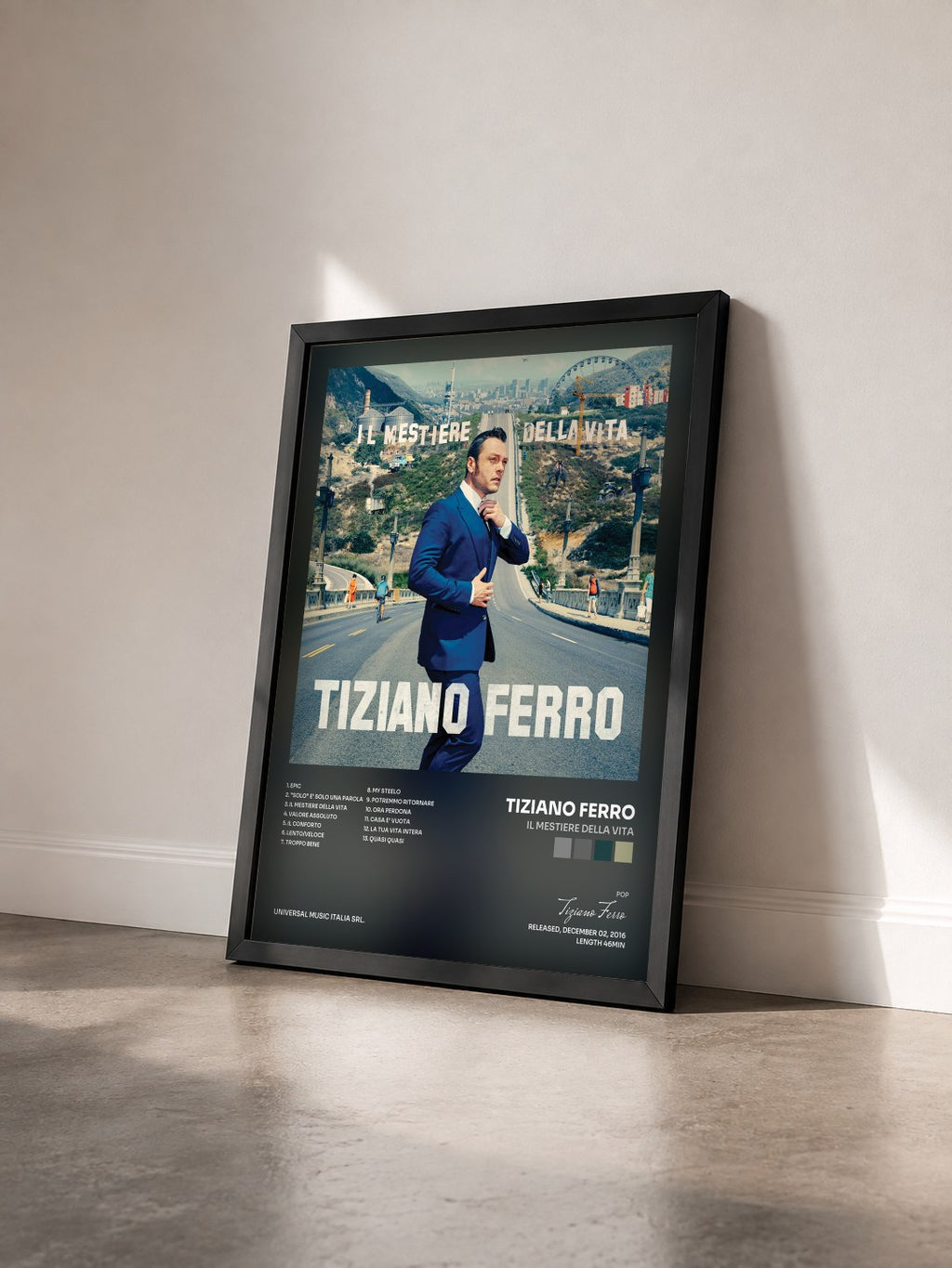 #noir Tableau de l'album Il Mestiere Della Vita de Tiziano Ferro vu de trois quarts, cadre noir
