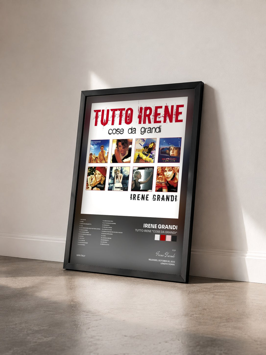 #noir Tableau de l'album Tutto Irene "Cose da Grandi" de Irene Grandi vu de trois quarts, cadre noir