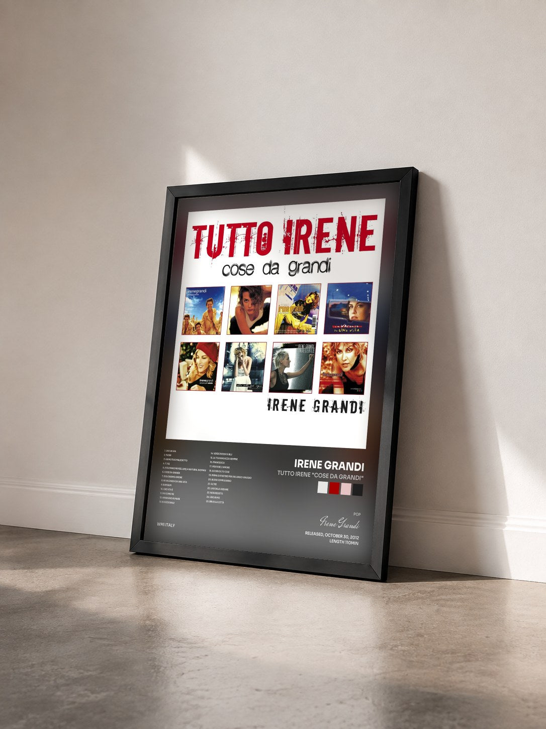#noir Tableau de l'album Tutto Irene "Cose da Grandi" de Irene Grandi vu de trois quarts, cadre noir