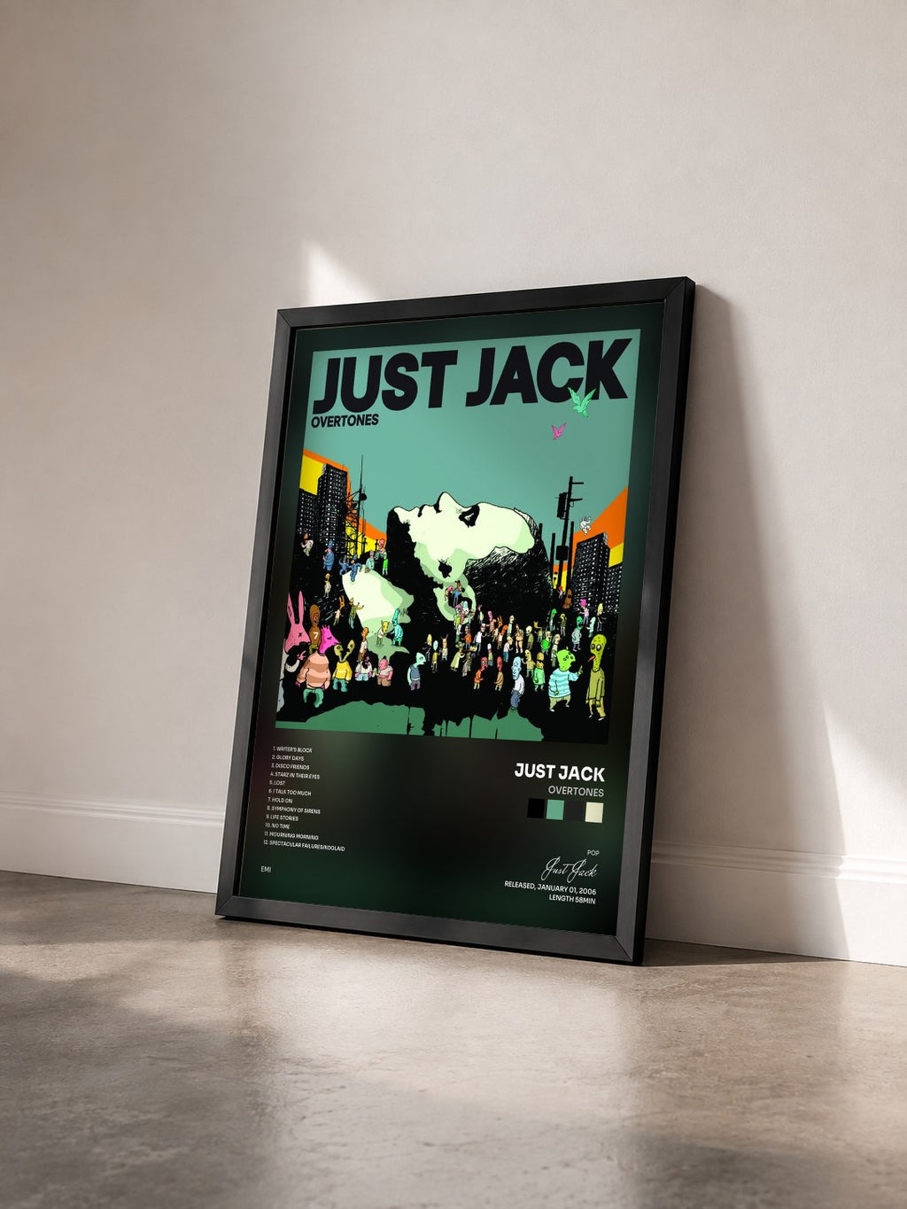 #noir Tableau de l'album Overtones de Just Jack vu de trois quarts, cadre noir
