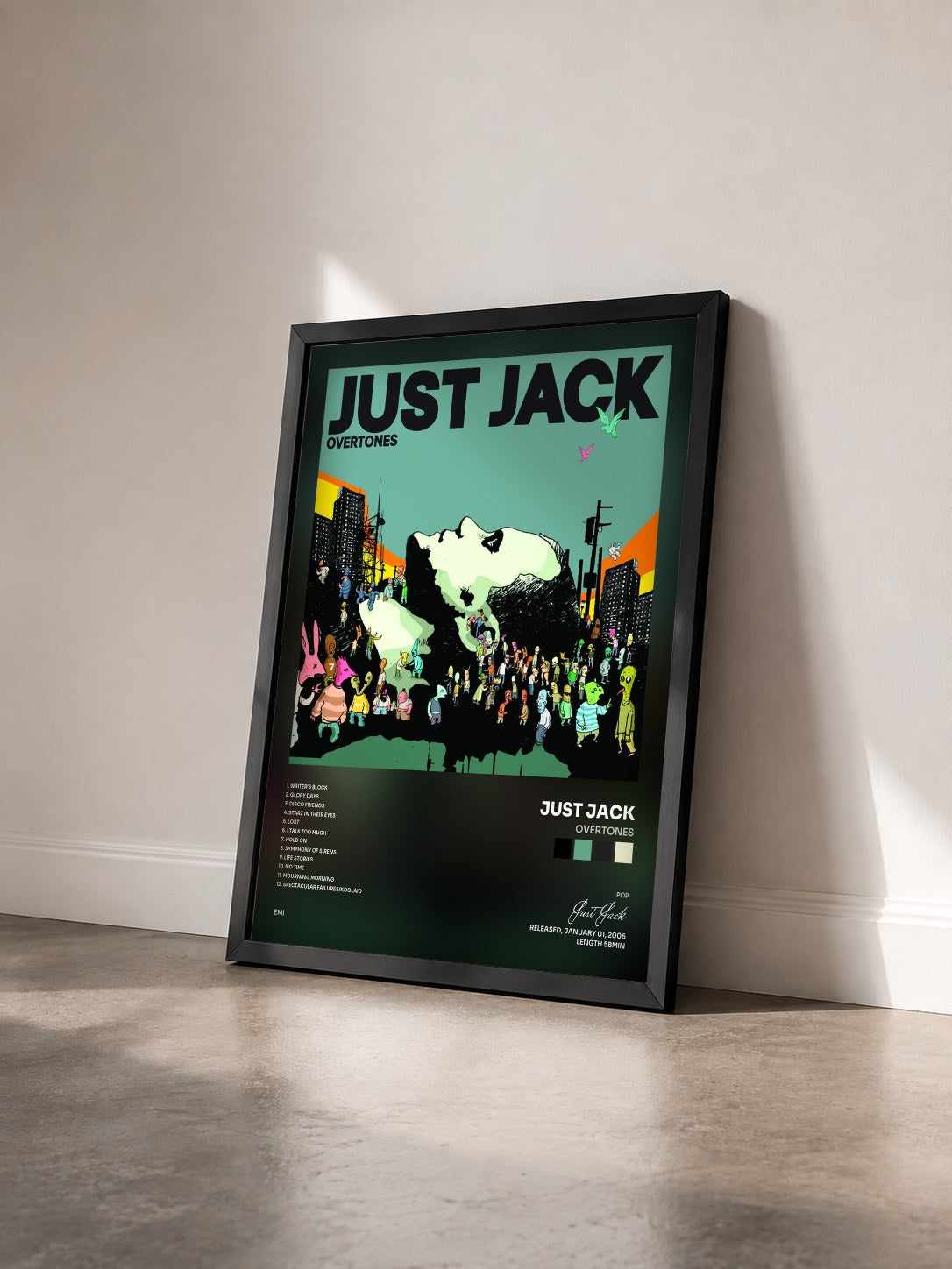 #noir Tableau de l'album Overtones de Just Jack vu de trois quarts, cadre noir